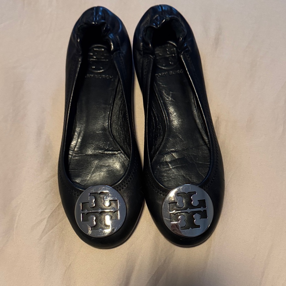 Tory Burch Minnie Black Flats with Silver Logo